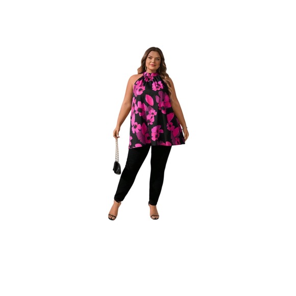 Shein Women's Black Pink Floral Halter Sleeveless Tunic Plus Size 5XL/20W Curve - Picture 2 of 3